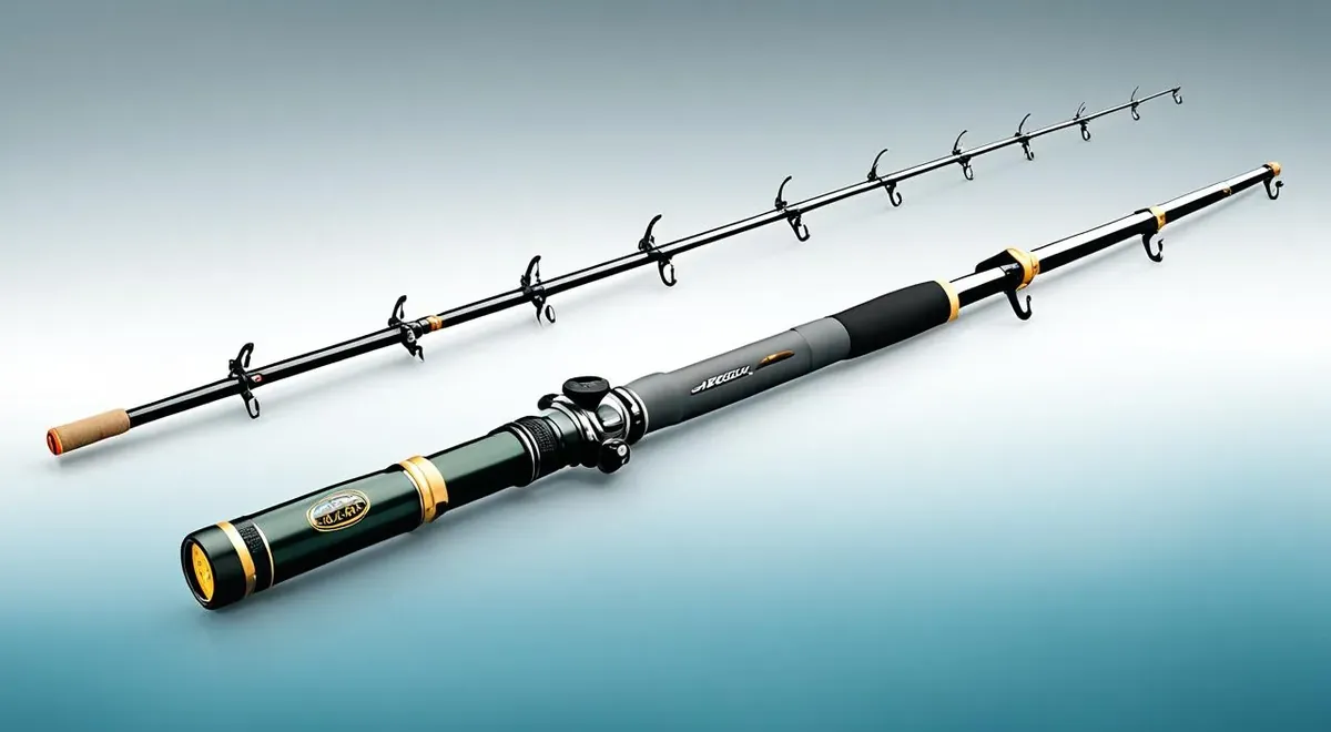 Duas varas de pesca desmontadas sobre fundo claro, uma para molinete e uma para carretilha