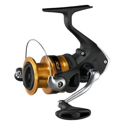Molinete Shimano FX 4000 FC, com carretel dourado e corpo preto