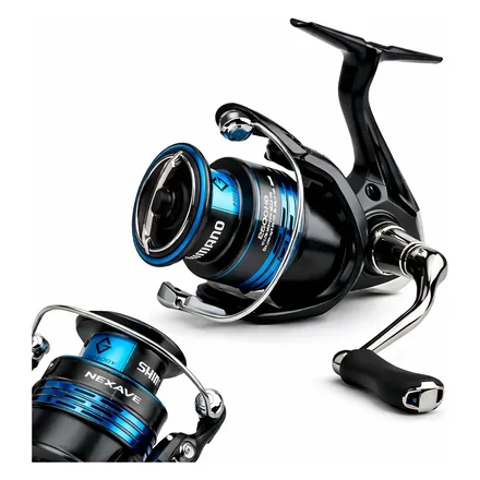 Molinete Shimano Nexave 2500, preto com carretel azul e carretel sobressalente