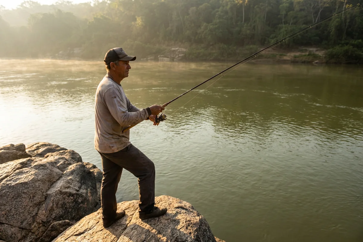 Pescador lançando a linha nas pedras do Rio Araguaia ao amanhecer