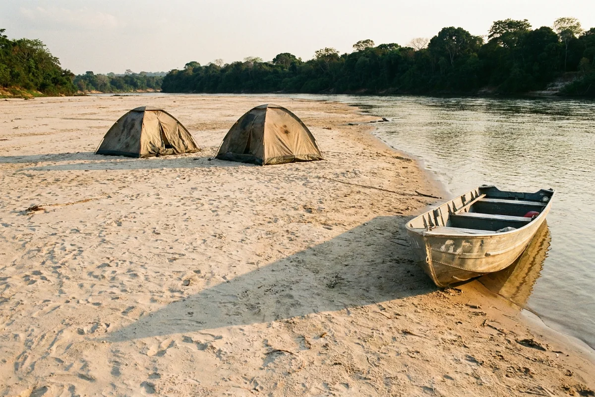 Praia de areia do Rio Araguaia com barracas e barco em Itacaiú